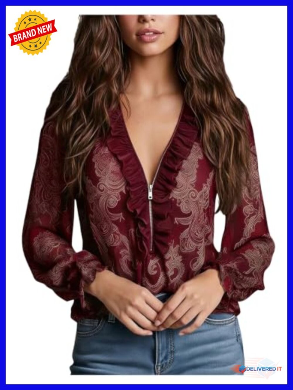 Sheer Chiffon Ruffle Long Sleeve Blouse Paisley Print V-Neck Women's Top